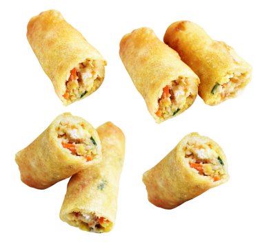 Kırmızıda kızartılmış altın sarısı börekler kırpma yolu ile izole edilmiş, beyaz arka planda gölge yok, Vietnam mutfağı, Çin yemeği