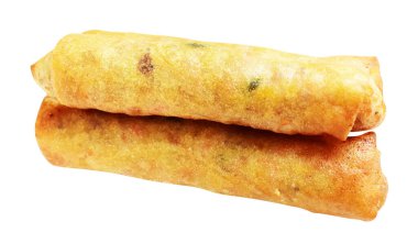 Kırmızıda kızartılmış altın sarısı börekler kırpma yolu ile izole edilmiş, beyaz arka planda gölge yok, Vietnam mutfağı, Çin yemeği