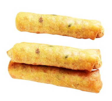 Kırmızıda kızartılmış altın sarısı börekler kırpma yolu ile izole edilmiş, beyaz arka planda gölge yok, Vietnam mutfağı, Çin yemeği