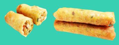 Kırmızıda kızartılmış altın sarısı börekler kırpma yolu ile izole edilmiş, yeşil arka planda gölge yok, Vietnam mutfağı, Çin yemeği