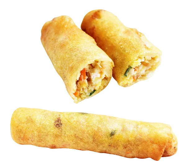 Kırmızıda kızartılmış altın sarısı börekler kırpma yolu ile izole edilmiş, beyaz arka planda gölge yok, Vietnam mutfağı, Çin yemeği