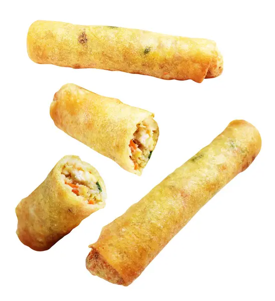 Kırmızıda kızartılmış altın sarısı börekler kırpma yolu ile izole edilmiş, beyaz arka planda gölge yok, Vietnam mutfağı, Çin yemeği