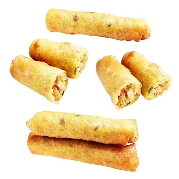 Kırmızıda kızartılmış altın sarısı börekler kırpma yolu ile izole edilmiş, beyaz arka planda gölge yok, Vietnam mutfağı, Çin yemeği