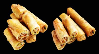 Kırmızıda kızartılmış altın sarısı börekler kırpma yolu ile izole edilmiş, siyah arka planda gölge yok, Vietnam mutfağı, Çin yemeği