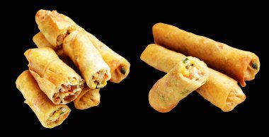 Kırmızıda kızartılmış altın sarısı börekler kırpma yolu ile izole edilmiş, siyah arka planda gölge yok, Vietnam mutfağı, Çin yemeği