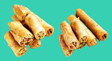 Kırmızıda kızartılmış altın sarısı börekler kırpma yolu ile izole edilmiş, yeşil arka planda gölge yok, Vietnam mutfağı, Çin yemeği