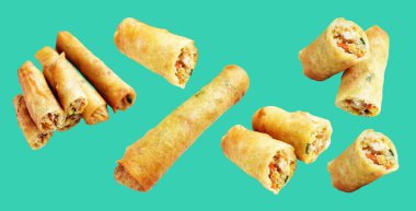 Kırmızıda kızartılmış altın sarısı börekler kırpma yolu ile izole edilmiş, yeşil arka planda gölge yok, Vietnam mutfağı, Çin yemeği