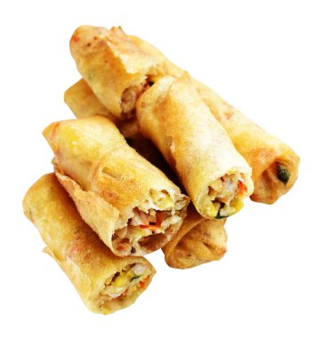 Kırmızıda kızartılmış altın sarısı börekler kırpma yolu ile izole edilmiş, beyaz arka planda gölge yok, Vietnam mutfağı, Çin yemeği