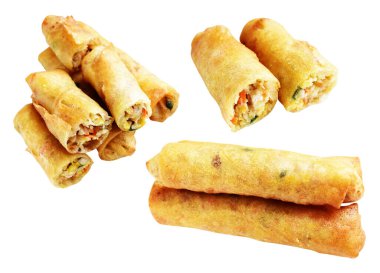 Kırmızıda kızartılmış altın sarısı börekler kırpma yolu ile izole edilmiş, beyaz arka planda gölge yok, Vietnam mutfağı, Çin yemeği