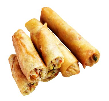 Kırmızıda kızartılmış altın sarısı börekler kırpma yolu ile izole edilmiş, beyaz arka planda gölge yok, Vietnam mutfağı, Çin yemeği