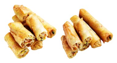 Kırmızıda kızartılmış altın sarısı börekler kırpma yolu ile izole edilmiş, beyaz arka planda gölge yok, Vietnam mutfağı, Çin yemeği