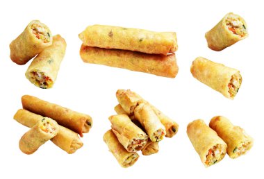 Kırmızıda kızartılmış altın sarısı börekler kırpma yolu ile izole edilmiş, beyaz arka planda gölge yok, Vietnam mutfağı, Çin yemeği