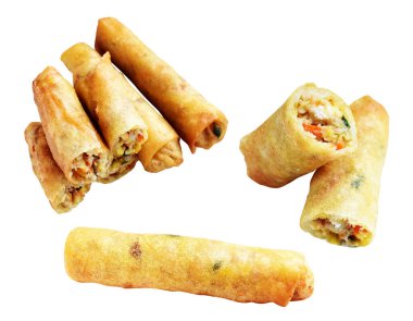 Kırmızıda kızartılmış altın sarısı börekler kırpma yolu ile izole edilmiş, beyaz arka planda gölge yok, Vietnam mutfağı, Çin yemeği