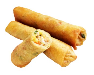 Kırmızıda kızartılmış altın sarısı börekler kırpma yolu ile izole edilmiş, beyaz arka planda gölge yok, Vietnam mutfağı, Çin yemeği