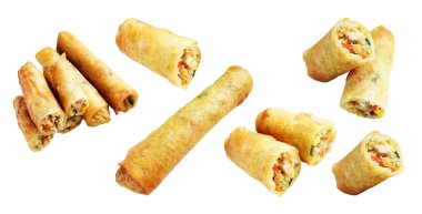 Kırmızıda kızartılmış altın sarısı börekler kırpma yolu ile izole edilmiş, beyaz arka planda gölge yok, Vietnam mutfağı, Çin yemeği