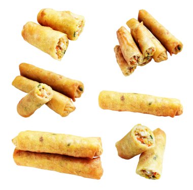 Kırmızıda kızartılmış altın sarısı börekler kırpma yolu ile izole edilmiş, beyaz arka planda gölge yok, Vietnam mutfağı, Çin yemeği