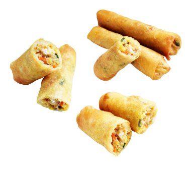 Kırmızıda kızartılmış altın sarısı börekler kırpma yolu ile izole edilmiş, beyaz arka planda gölge yok, Vietnam mutfağı, Çin yemeği