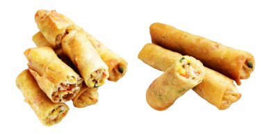 Kırmızıda kızartılmış altın sarısı börekler kırpma yolu ile izole edilmiş, beyaz arka planda gölge yok, Vietnam mutfağı, Çin yemeği