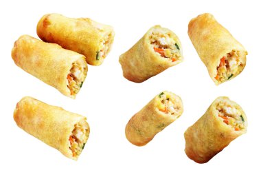 Kırmızıda kızartılmış altın sarısı börekler kırpma yolu ile izole edilmiş, beyaz arka planda gölge yok, Vietnam mutfağı, Çin yemeği