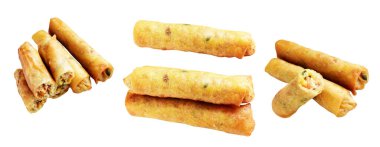 Kırmızıda kızartılmış altın sarısı börekler kırpma yolu ile izole edilmiş, beyaz arka planda gölge yok, Vietnam mutfağı, Çin yemeği