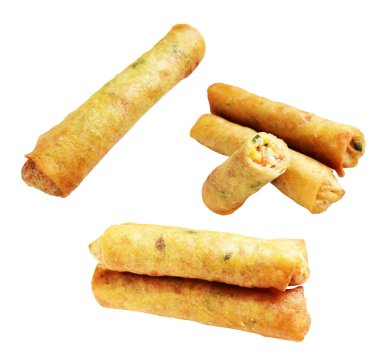 Kırmızıda kızartılmış altın sarısı börekler kırpma yolu ile izole edilmiş, beyaz arka planda gölge yok, Vietnam mutfağı, Çin yemeği