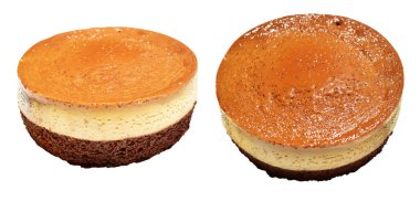 Fırınlanmış karamel gateau flan ya da kremalı şifon kek, Karamelli flan şifonlu kek izole edilmiş, beyaz arka planda kırpma yolu olmayan gölge yok.
