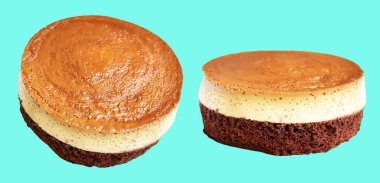 Fırınlanmış karamel gateau flan veya kremalı şifonlu kek, Karamelli flan şifonlu kek izole edilmiş, nane arkaplanda kırpma yolu olmayan bir gölge.