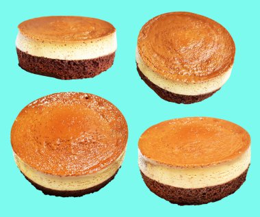 Fırınlanmış karamel gateau flan veya kremalı şifonlu kek, Karamelli flan şifonlu kek izole edilmiş, nane arkaplanda kırpma yolu olmayan bir gölge.