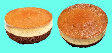 Fırınlanmış karamel gateau flan veya kremalı şifonlu kek, Karamelli flan şifonlu kek izole edilmiş, nane arkaplanda kırpma yolu olmayan bir gölge.