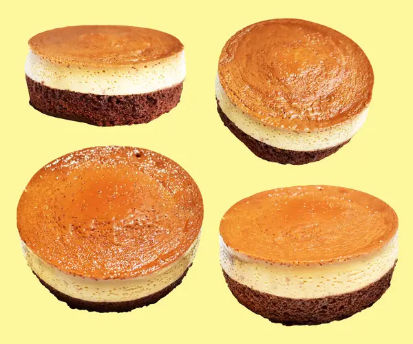 Fırınlanmış karamel gateau flan ya da kremalı şifonlu kek, karamelli flan şifonlu kek izole edilmiş, krema arka planında kırpma yolu olmayan gölge yok.