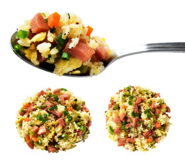 Kırpılmış bir kaşık kızarmış pirinç, beyaz arka planda gölge yok. Çin pilavı, karışık sebze, yumurta ve sosis (Yangzhou tarzı).)