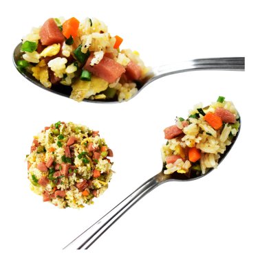 Kırpılmış bir kaşık kızarmış pirinç, beyaz arka planda gölge yok. Çin pilavı, karışık sebze, yumurta ve sosis (Yangzhou tarzı).)