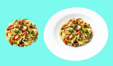 Kırpılmış pirinç, yeşil arka planda gölge yok. Çin pilavı, karışık sebze, yumurta ve sosis (Yangzhou tarzı).)