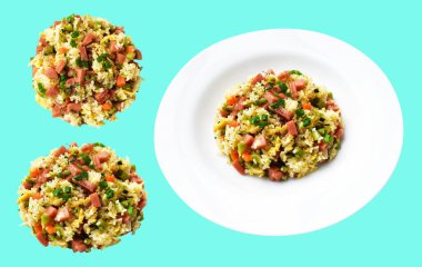 Kırpılmış pirinç, yeşil arka planda gölge yok. Çin pilavı, karışık sebze, yumurta ve sosis (Yangzhou tarzı).)