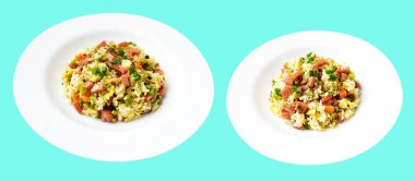 Kırpılmış pirinç, yeşil arka planda gölge yok. Çin pilavı, karışık sebze, yumurta ve sosis (Yangzhou tarzı).)