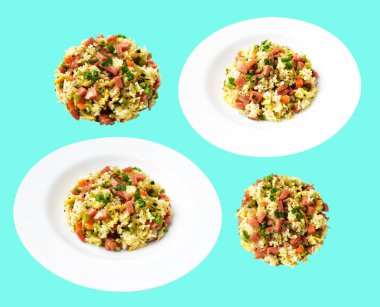 Kırpılmış pirinç, yeşil arka planda gölge yok. Çin pilavı, karışık sebze, yumurta ve sosis (Yangzhou tarzı).)