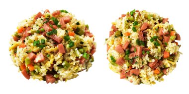 Kırpılmış pirinç, yeşil arka planda gölge yok. Çin pilavı, karışık sebze, yumurta ve sosis (Yangzhou tarzı).)