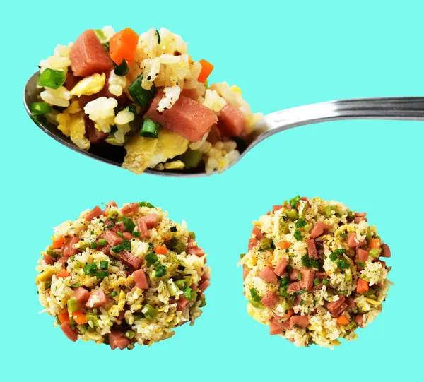 Kırpılmış pirinç, yeşil arka planda gölge yok. Çin pilavı, karışık sebze, yumurta ve sosis (Yangzhou tarzı).)