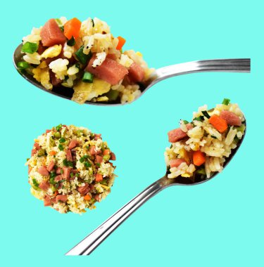 Kırpılmış pirinç, yeşil arka planda gölge yok. Çin pilavı, karışık sebze, yumurta ve sosis (Yangzhou tarzı).)