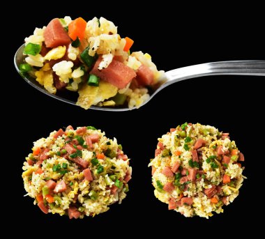 Kırpılmış pirinç, siyah arka planda gölge yok. Çin pilavı, karışık sebze, yumurta ve sosis (Yangzhou tarzı).)