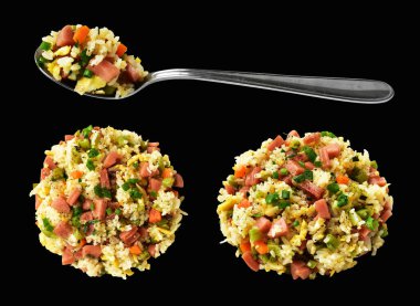 Kırpılmış pirinç, siyah arka planda gölge yok. Çin pilavı, karışık sebze, yumurta ve sosis (Yangzhou tarzı).)