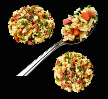 Kırpılmış pirinç, siyah arka planda gölge yok. Çin pilavı, karışık sebze, yumurta ve sosis (Yangzhou tarzı).)