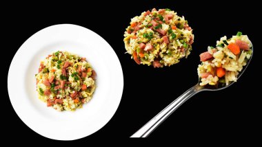 Kırpılmış pirinç, siyah arka planda gölge yok. Çin pilavı, karışık sebze, yumurta ve sosis (Yangzhou tarzı).)