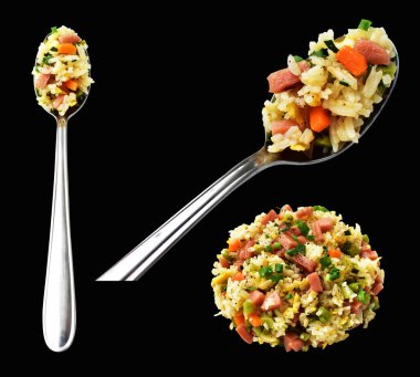 Kırpılmış pirinç, siyah arka planda gölge yok. Çin pilavı, karışık sebze, yumurta ve sosis (Yangzhou tarzı).)