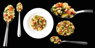 Kırpılmış pirinç, siyah arka planda gölge yok. Çin pilavı, karışık sebze, yumurta ve sosis (Yangzhou tarzı).)