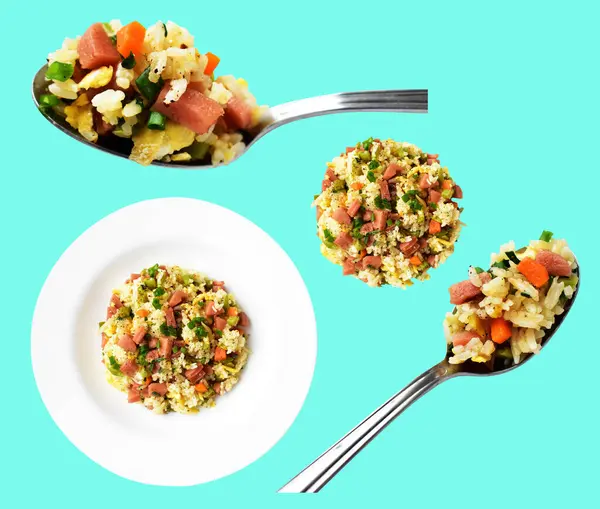 Kırpılmış bir kaşık kızarmış pirinç, yeşil arka planda gölge yok. Çin pilavı, karışık sebze, yumurta ve sosis (Yangzhou tarzı).)