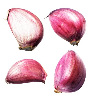 Sarımsak karanfili kırpma yolu ile izole edilmiş, beyaz arka planda gölge yok, malzeme pişirme, mor sarımsak