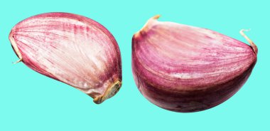 Sarımsak karanfili kırpma yolu ile izole edilmiş, yeşil arka planda gölge yok, malzeme pişirme, mor sarımsak