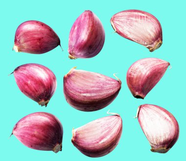 Sarımsak karanfili kırpma yolu ile izole edilmiş, yeşil arka planda gölge yok, malzeme pişirme, mor sarımsak