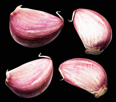 Sarımsak karanfili kırpma yolu ile izole edilmiş, siyah arka planda gölge yok, malzeme pişirme, mor sarımsak